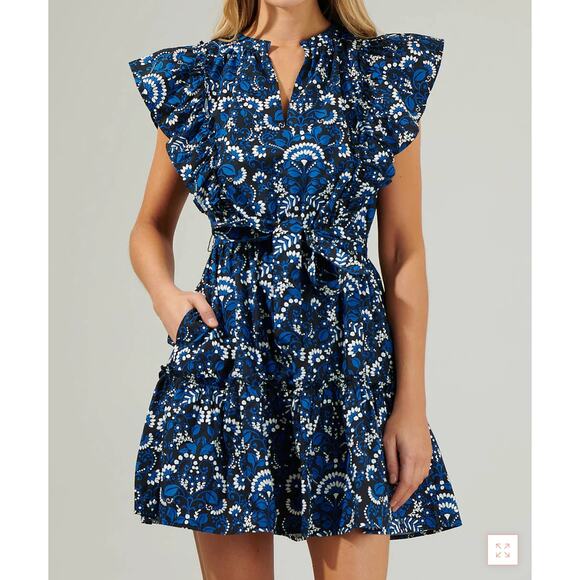 Sugarlips Etta Floral Ruffle Mini Dress Medium Blue Floral Mini Dress Paisley - Picture 1 of 9